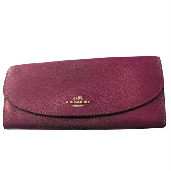Coach Wallet Leather in Dark Pink Color 2 Large Open Compartment with one Zip up - Picture 1 of 4